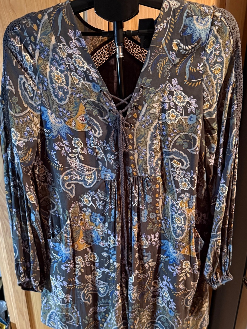 Free People Rain or Shine Boho Lace Up Paisley Mini Dress Olive NWT